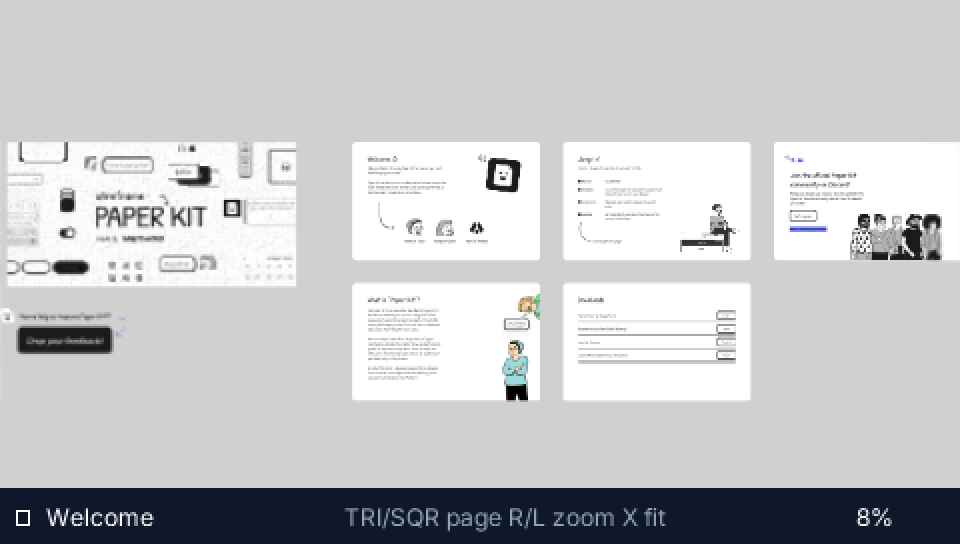 Pocket Figma on PSP showing the whole Welcome page fit to screen at 8% zoom: the cover and six document cards, with the HUD reading Welcome, the controls hint, and 8%