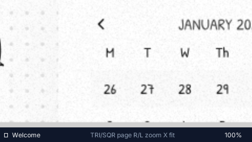 The viewer at 100% zoom on the kit's calendar component: JANUARY 20.., weekday headers M T W Th and handwritten dates, dot-grid background on the left