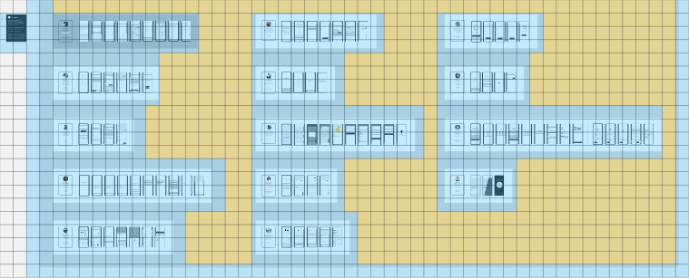 The Examples page overlaid with its finest-level tile grid: blue tiles cover the phone wireframes (textured), yellow tiles cover the white section backgrounds (solid), unshaded tiles are page background