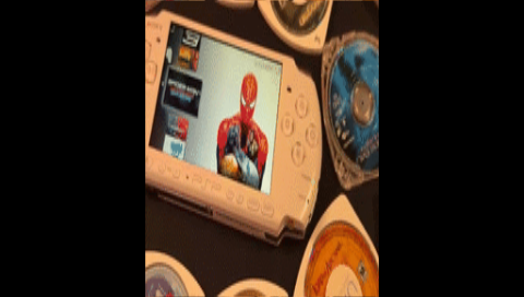 A video playing in a narrow pillarboxed strip in the center of the PSP screen, with wide black bars left and right