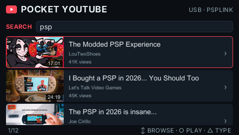 Search results for psp on the PSP: three full-width rows with thumbnails, duration badges, titles, channels and view counts, a red focus ring on the first row, a 1/12 counter