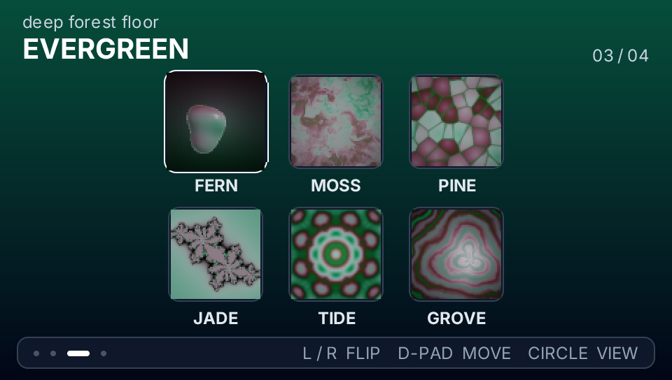 The PocketJS Gallery demo running at 960 by 544 for PS Vita: an EVERGREEN page of six procedural texture tiles named FERN, MOSS, PINE, JADE, TIDE and GROVE, with crisp labels and a controller-hint status bar