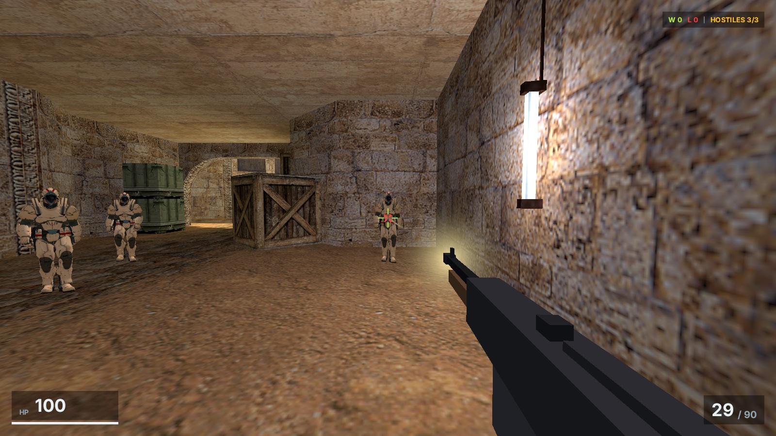 The desktop build of OpenStrike on de_dust2 at high resolution — two bots advancing past green ammo crates, the same HUD in the corners